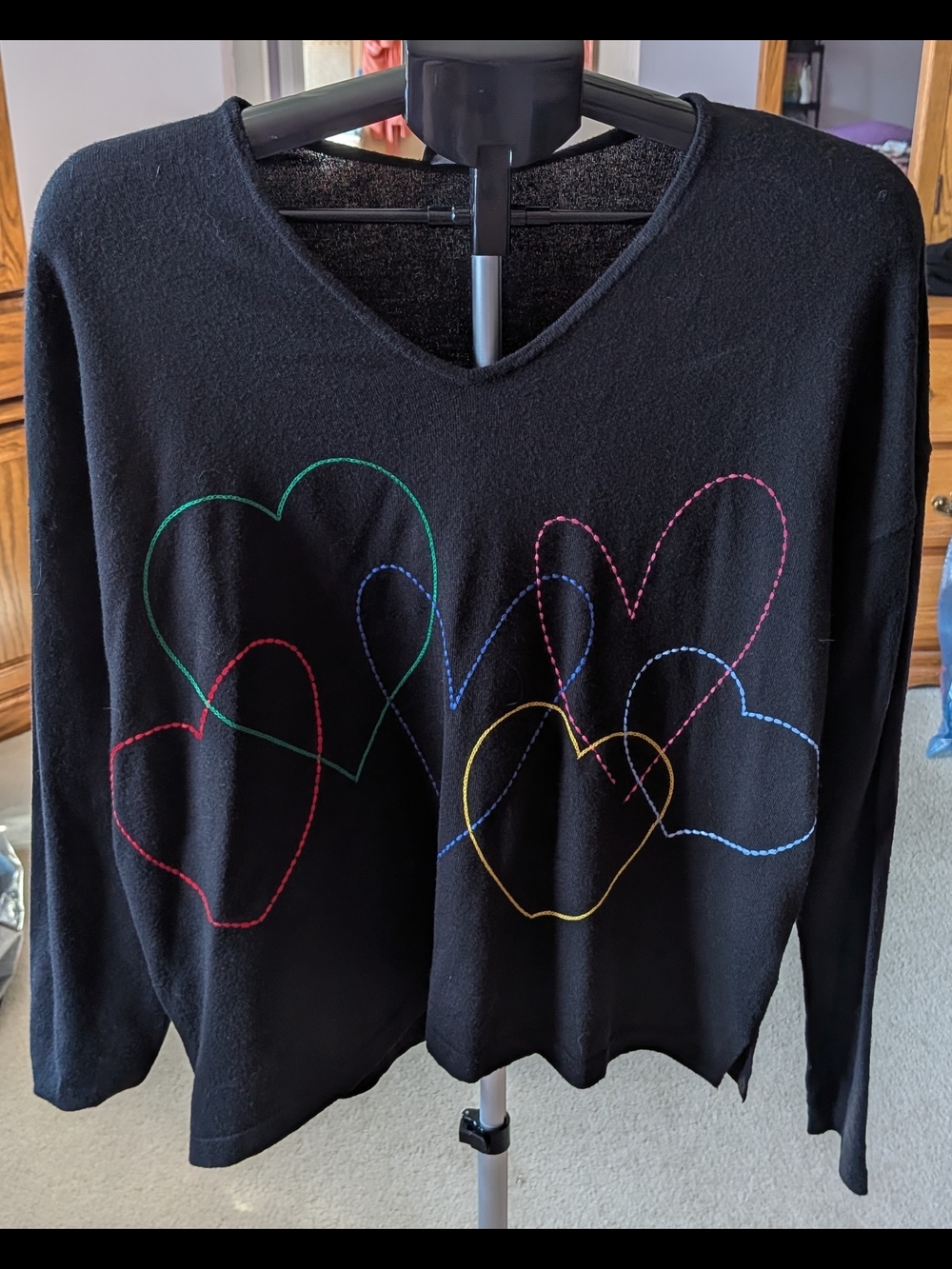 CHARLIE B Black V-Neck Sweater with Multicolor Heart Stitching